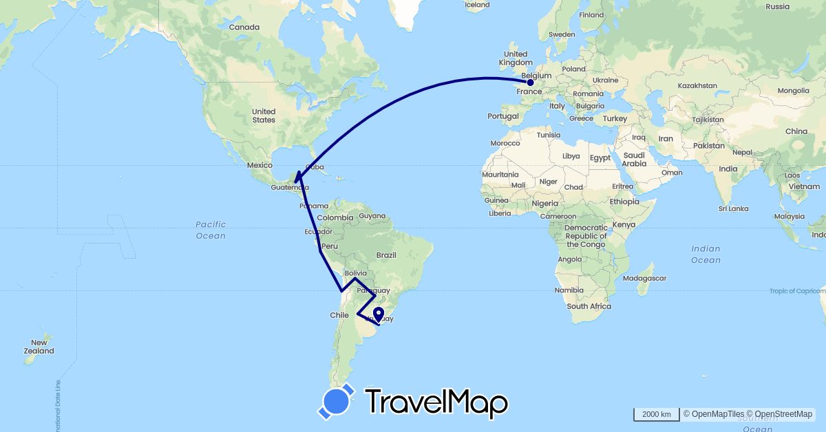 TravelMap itinerary: driving in Argentina, Bolivia, Belize, Chile, Costa Rica, Ecuador, France, Mexico, Peru, Paraguay, Uruguay (Europe, North America, South America)